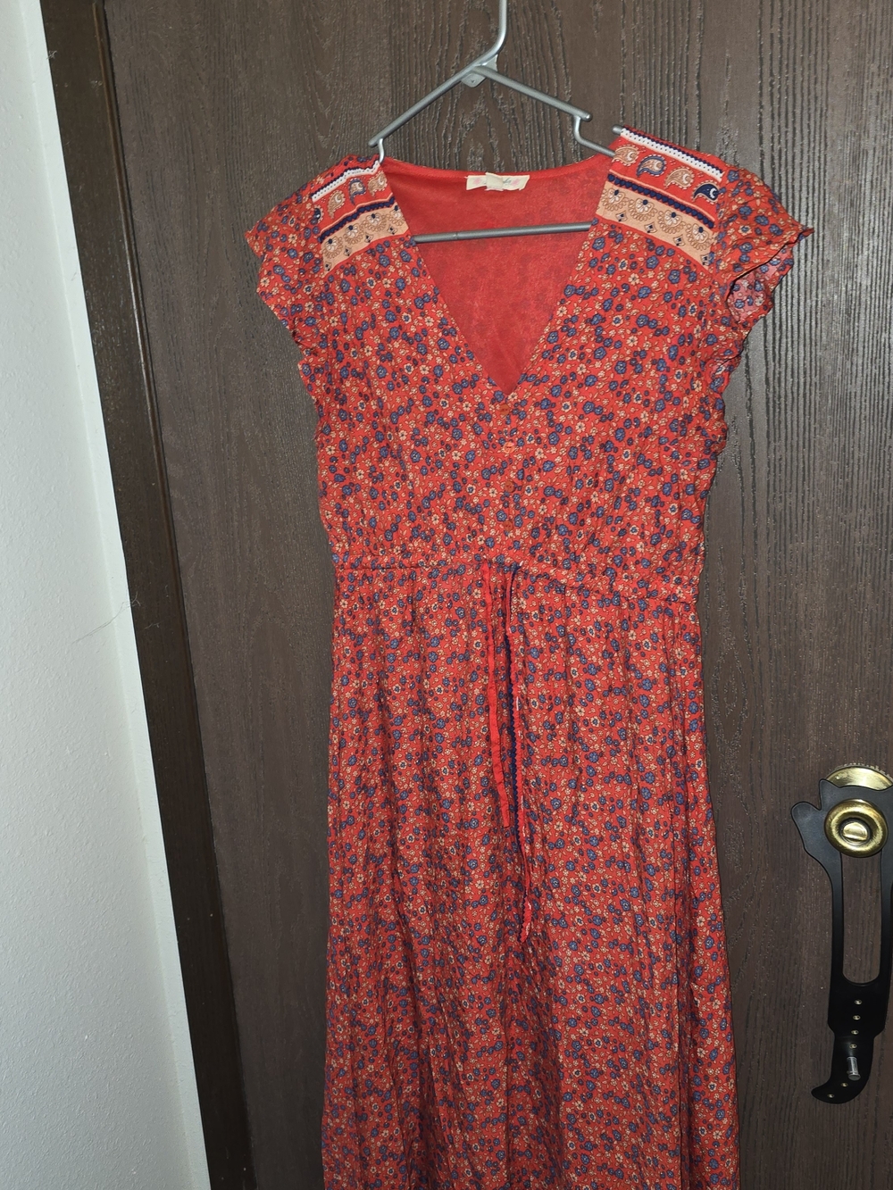 Red Floral V-Neck Maxi Dress with Tie Waist and Embroidered Shoulders